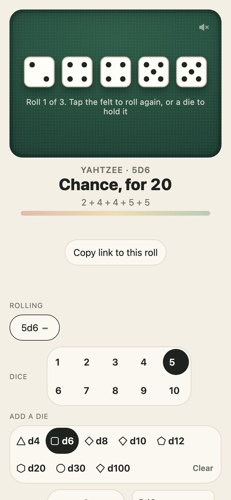 Yahtzee chosen on a phone: five d6 on the felt, on roll 1 of 3, read as Chance for 20